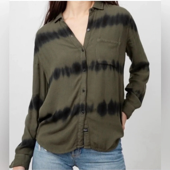 Rails Hunter Tie Dye Herringbone Button Up Shirt Olive Green Black Waves Medium - Picture 4 of 10